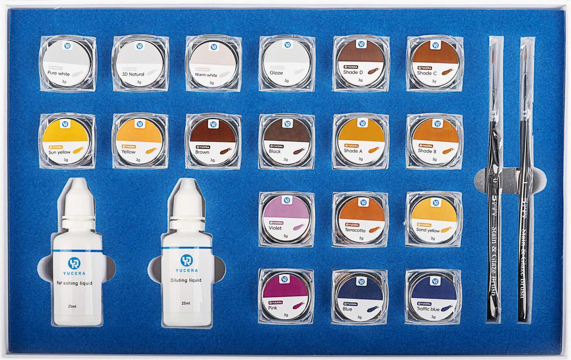 مجموعة تلوين وتزجيج الزيركونيا الخزفية ذات 18 لونًا من Yucera Dental Lab Essentials للأسنان المخصصة